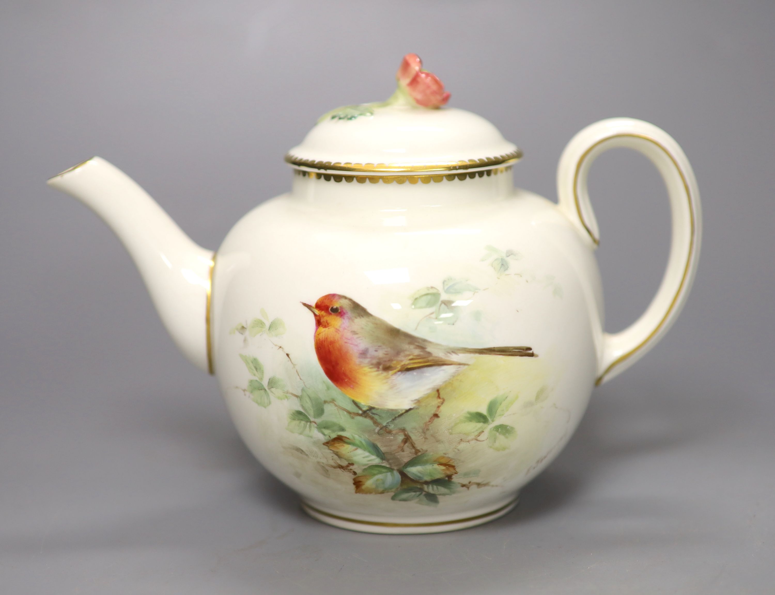 A Royal Worcester teapot and cover, painted with a Robin on a branch by E. Townsend, signed, black mark, height 15cm